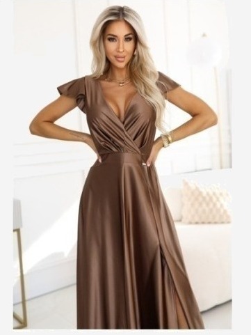411-14 CRYSTAL saténové dlhé šaty s výstrihom - mocha mousse