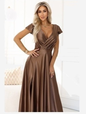 411-14 CRYSTAL saténové dlhé šaty s výstrihom - mocha mousse