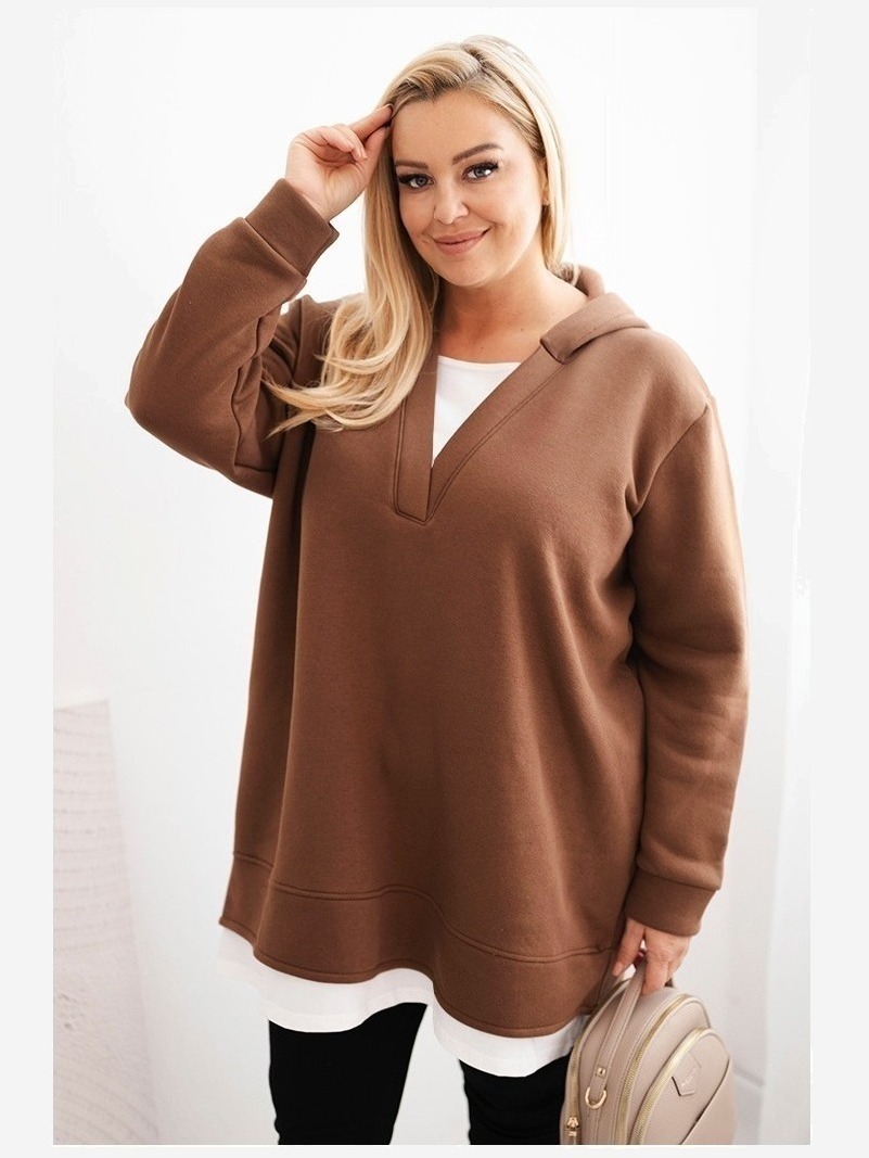 Dámska zateplená mikina Plus Size s kapucňou a výstrihom do V hnedá