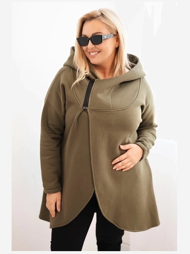 Dámska mikina Plus Size zateplená s kapucňou a asymetrickým zipsom khaki