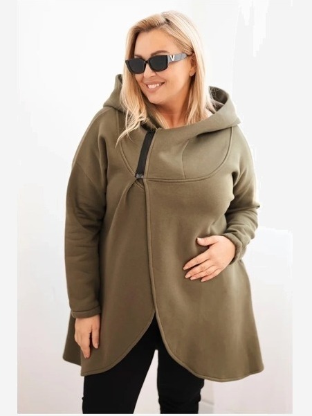 Dámska mikina Plus Size zateplená s kapucňou a asymetrickým zipsom khaki