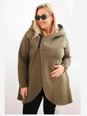 Dámska mikina Plus Size zateplená s kapucňou a asymetrickým zipsom khaki