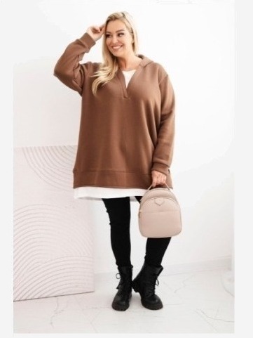 Dámska zateplená mikina Plus Size s kapucňou a výstrihom do V hnedá