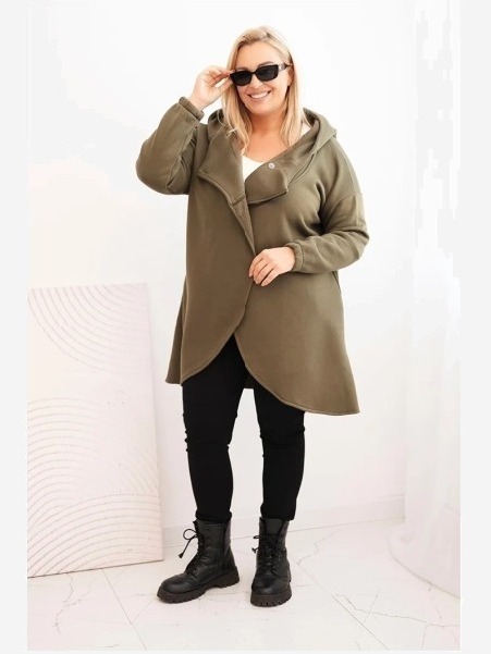 Dámska mikina Plus Size zateplená s kapucňou a asymetrickým zipsom khaki
