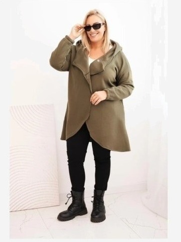 Dámska mikina Plus Size zateplená s kapucňou a asymetrickým zipsom khaki