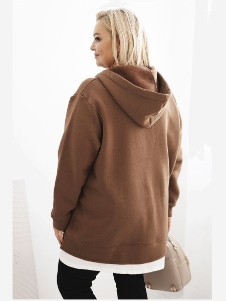 Dámska zateplená mikina Plus Size s kapucňou a výstrihom do V hnedá