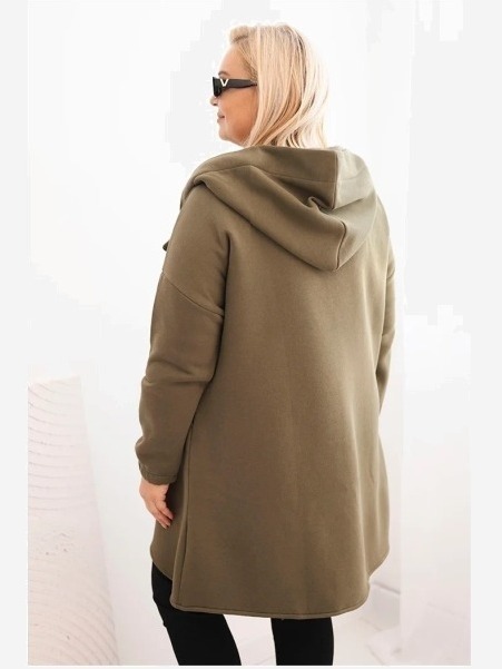 Dámska mikina Plus Size zateplená s kapucňou a asymetrickým zipsom khaki