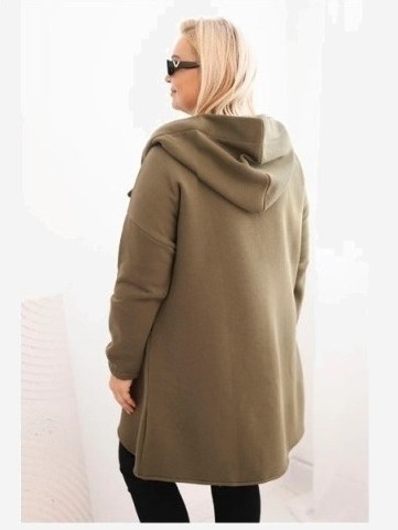 Dámska mikina Plus Size zateplená s kapucňou a asymetrickým zipsom khaki
