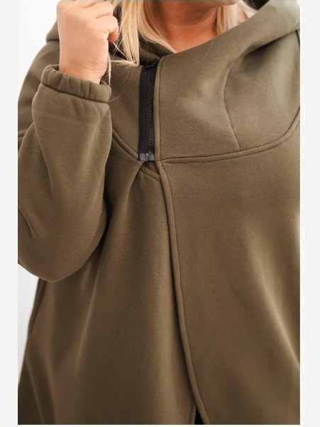 Dámska mikina Plus Size zateplená s kapucňou a asymetrickým zipsom khaki