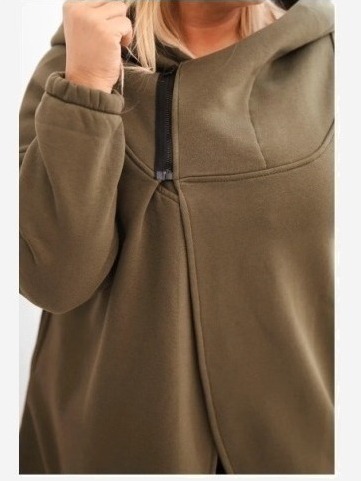 Dámska mikina Plus Size zateplená s kapucňou a asymetrickým zipsom khaki