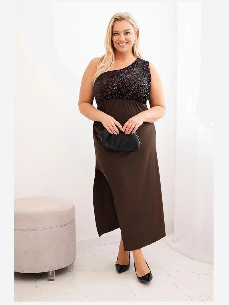Dámske večerné šaty Plus Size na jedno rameno hnedá