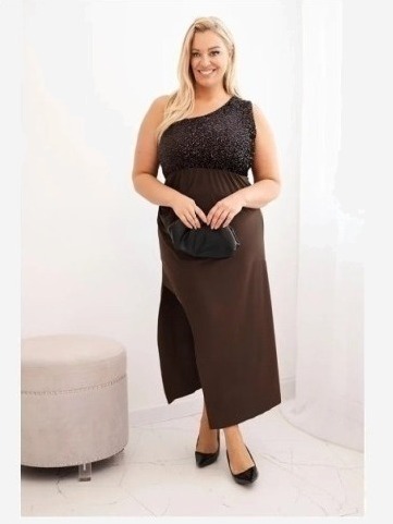 Dámske večerné šaty Plus Size na jedno rameno hnedá