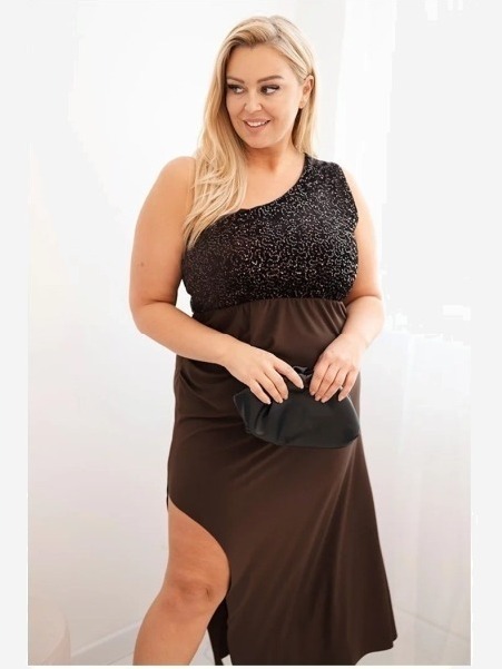 Dámske večerné šaty Plus Size na jedno rameno hnedá