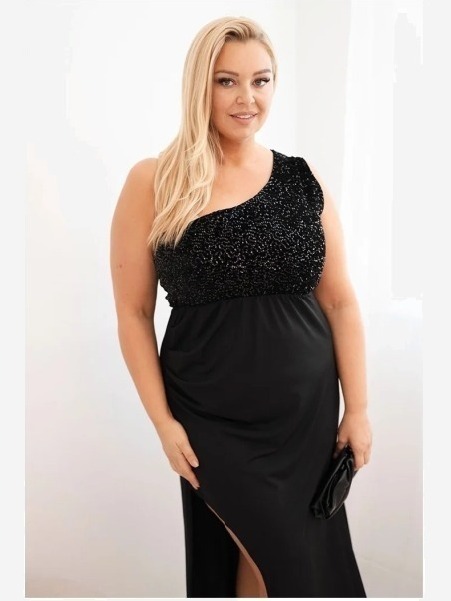 Dámske večerné šaty Plus Size na jedno rameno čierna