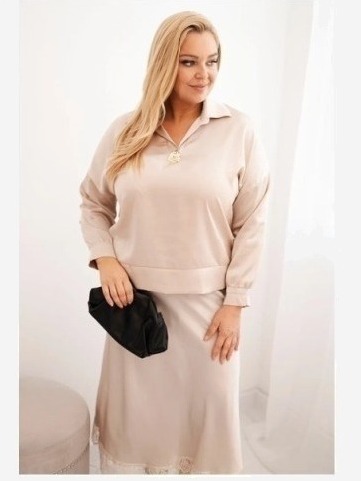 Komplet dámsky Plus Size so saténovým leskom a čipkou béžový