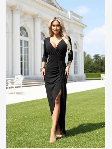404-13 Elegantné dlhé šaty so zavinovacím výstrihom a rázporkom - čierne