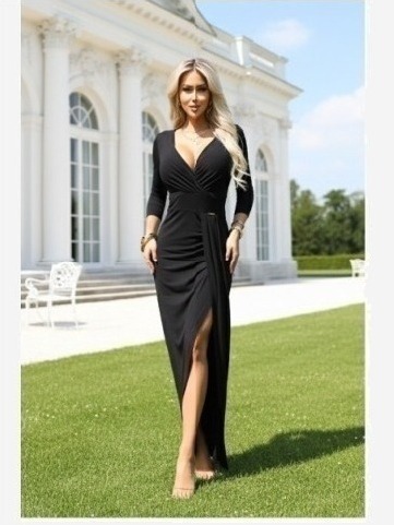 404-13 Elegantné dlhé šaty so zavinovacím výstrihom a rázporkom - čierne
