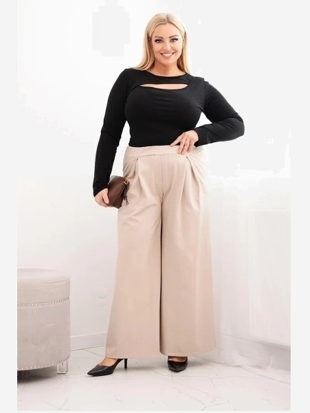 Dámske nohavice Plus Size so širokými nohavicami a plisovaním béžové