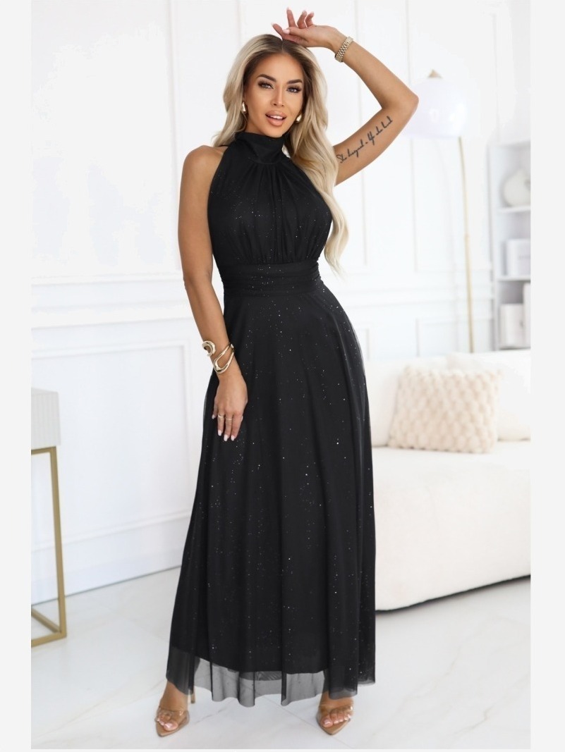 636-3 VERONICA luxusné dlhé šaty s brokátovým akcentom a elegantným strihom - čierne