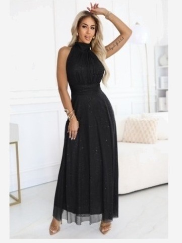 636-3 VERONICA luxusné dlhé šaty s brokátovým akcentom a elegantným strihom - čierne