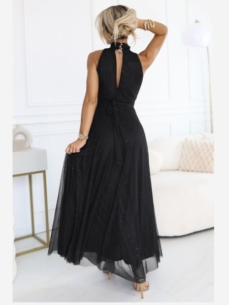 636-3 VERONICA luxusné dlhé šaty s brokátovým akcentom a elegantným strihom - čierne