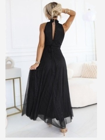 636-3 VERONICA luxusné dlhé šaty s brokátovým akcentom a elegantným strihom - čierne