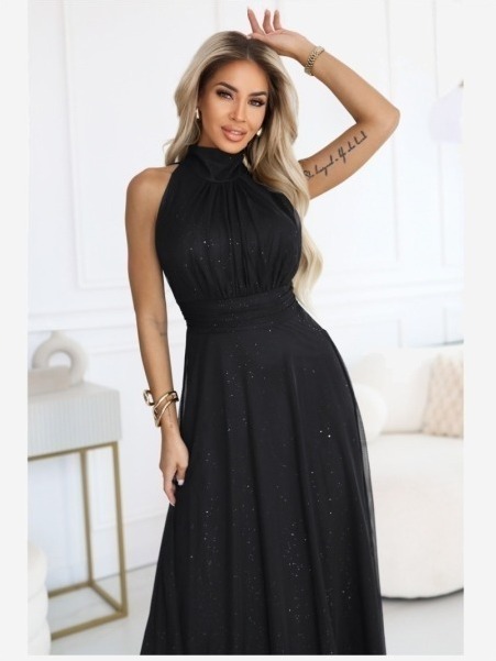 636-3 VERONICA luxusné dlhé šaty s brokátovým akcentom a elegantným strihom - čierne