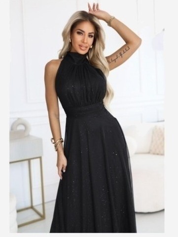 636-3 VERONICA luxusné dlhé šaty s brokátovým akcentom a elegantným strihom - čierne