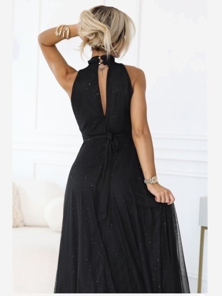 636-3 VERONICA luxusné dlhé šaty s brokátovým akcentom a elegantným strihom - čierne