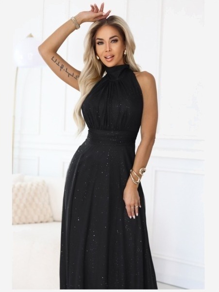 636-3 VERONICA luxusné dlhé šaty s brokátovým akcentom a elegantným strihom - čierne