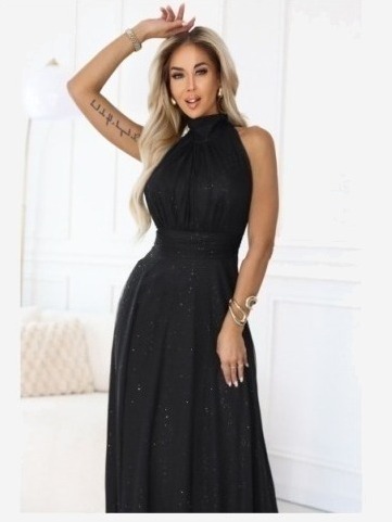 636-3 VERONICA luxusné dlhé šaty s brokátovým akcentom a elegantným strihom - čierne
