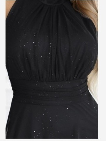 636-3 VERONICA luxusné dlhé šaty s brokátovým akcentom a elegantným strihom - čierne