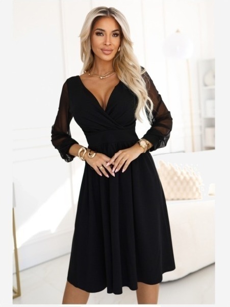 657-1 Elegantné midi šaty so zavinovacím výstrihom a tylovými rukávmi - čierne