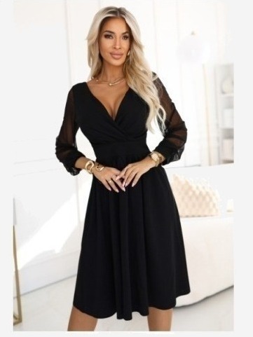 657-1 Elegantné midi šaty so zavinovacím výstrihom a tylovými rukávmi - čierne
