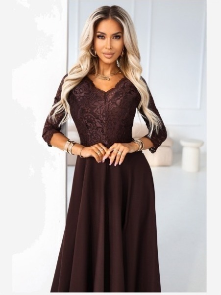 309-14 AMBER elegantní dlouhé krajkové šaty s výstřihem - čokoládové