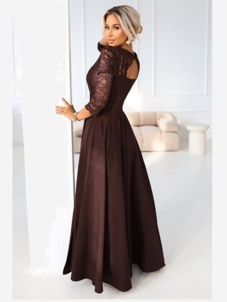 309-14 AMBER elegantní dlouhé krajkové šaty s výstřihem - čokoládové
