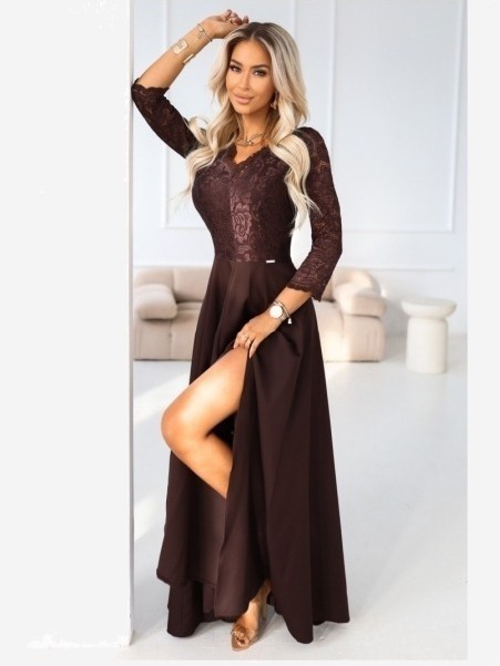 309-14 AMBER elegantní dlouhé krajkové šaty s výstřihem - čokoládové