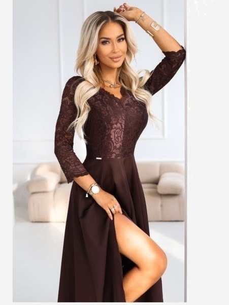 309-14 AMBER elegantní dlouhé krajkové šaty s výstřihem - čokoládové