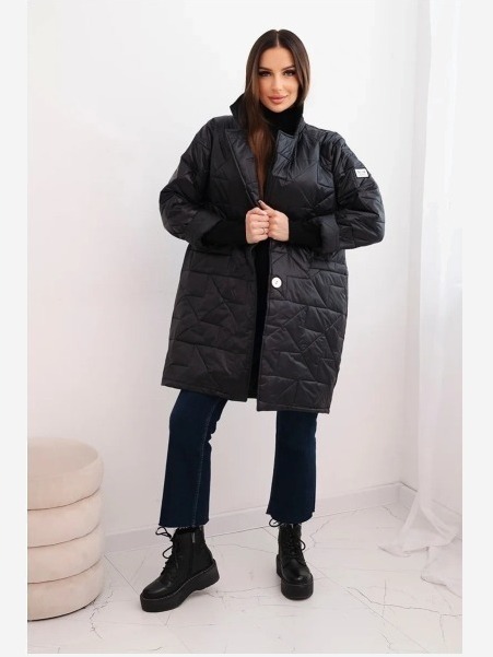 Dámska bunda Plus Size prešívaná s ozdobnými gombíkmi a golierom čierna