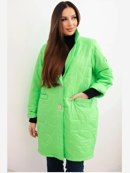 Dámska bunda Plus Size prešívaná s ozdobnými gombíkmi a golierom zelený neon