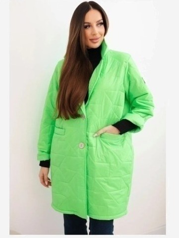 Dámska bunda Plus Size prešívaná s ozdobnými gombíkmi a golierom zelený neon
