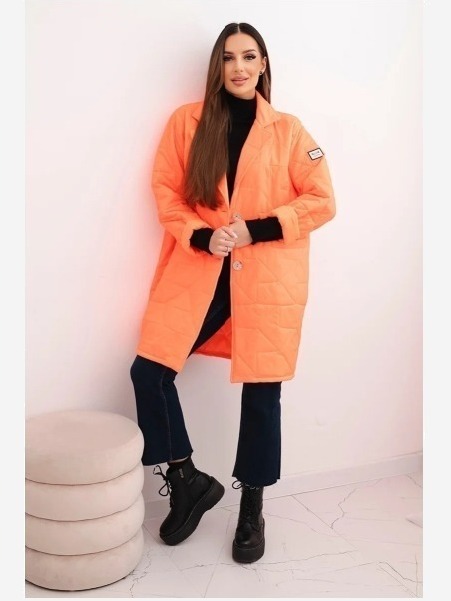 Dámska bunda Plus Size prešívaná s ozdobnými gombíkmi a golierom oranžový neon