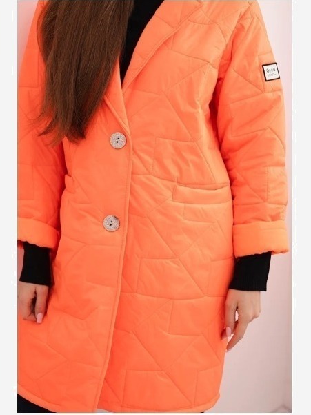 Dámska bunda Plus Size prešívaná s ozdobnými gombíkmi a golierom oranžový neon
