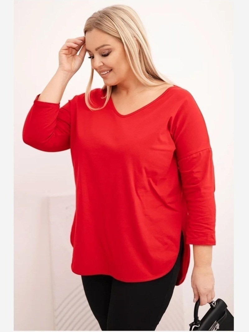 Dámska bavlnená blúzka Plus Size s V výstrihom a srolovanými rukávmi červená