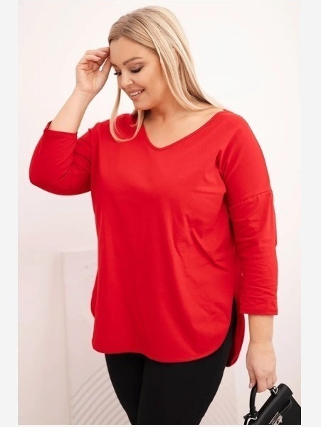 Dámska bavlnená blúzka Plus Size s V výstrihom a srolovanými rukávmi červená