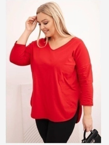 Dámska bavlnená blúzka Plus Size s V výstrihom a srolovanými rukávmi červená