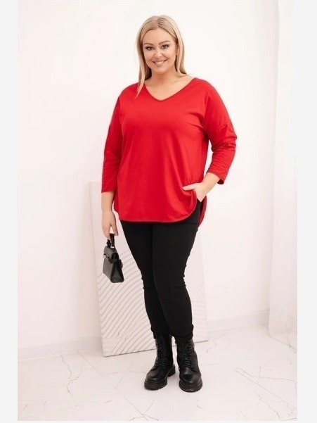 Dámska bavlnená blúzka Plus Size s V výstrihom a srolovanými rukávmi červená