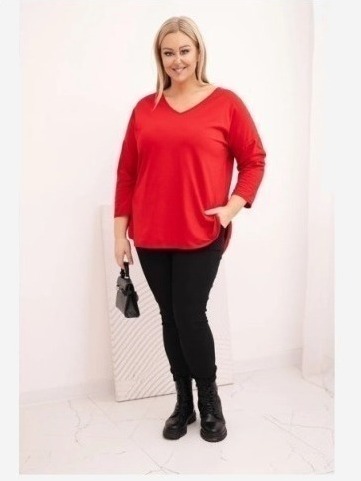 Dámska bavlnená blúzka Plus Size s V výstrihom a srolovanými rukávmi červená