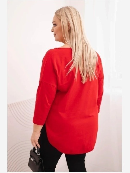 Dámska bavlnená blúzka Plus Size s V výstrihom a srolovanými rukávmi červená