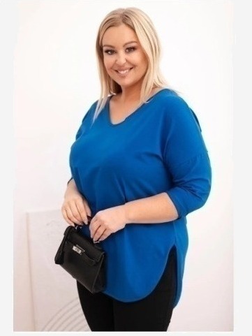 Dámska bavlnená blúzka Plus Size s V výstrihom a podhnutým rukávom chabrová